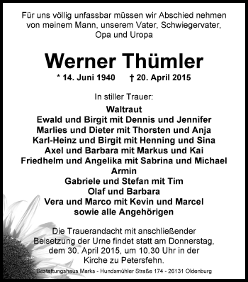 Traueranzeige von Werner Thümler von Nordwest-Zeitung