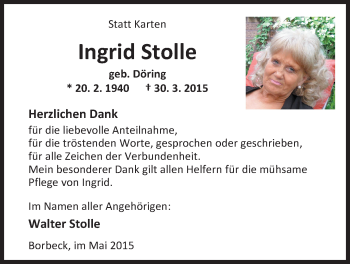 Traueranzeige von Ingrid Stolle von Nordwest-Zeitung