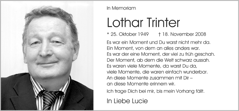 Traueranzeige für Lothar Trinter vom 18.11.2009 aus Nordwest-Zeitung