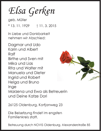 Traueranzeige von Elsa Gerken von Nordwest-Zeitung