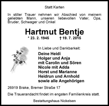 Traueranzeige von Hartmut Bentje von Nordwest-Zeitung