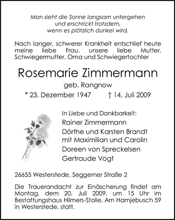 Traueranzeige von Rosemarie Zimmermann von Nordwest-Zeitung