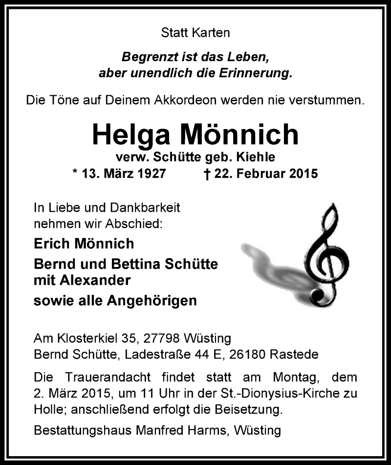  Traueranzeige für Helga Mönnich vom 25.02.2015 aus Nordwest-Zeitung
