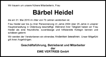 Traueranzeige von Bärbel Heidel von Nordwest-Zeitung