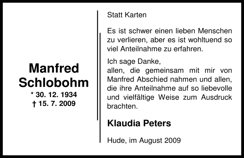  Traueranzeige für Manfred Schlobohm vom 29.08.2009 aus Nordwest-Zeitung