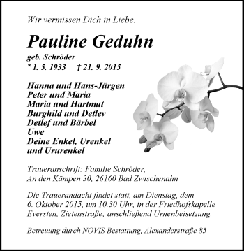 Traueranzeige von Pauline Geduhn von Nordwest-Zeitung