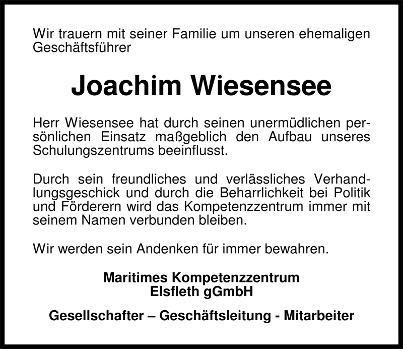  Traueranzeige für Joachim Wiesensee vom 29.08.2009 aus Nordwest-Zeitung