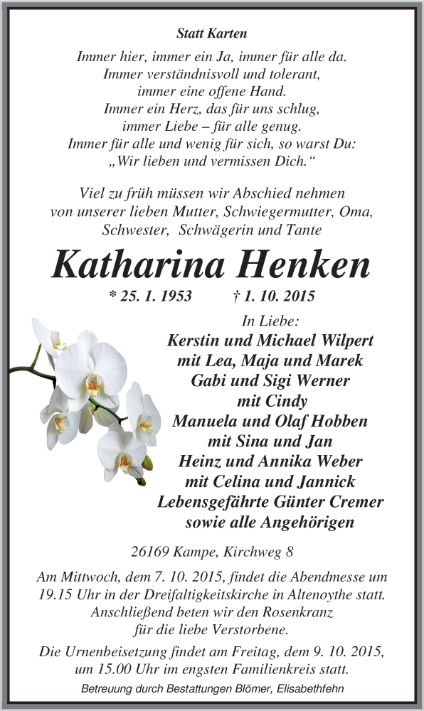  Traueranzeige für Katharina Henken vom 05.10.2015 aus Nordwest-Zeitung
