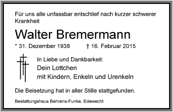 Traueranzeige von Walter Bremermann von Nordwest-Zeitung