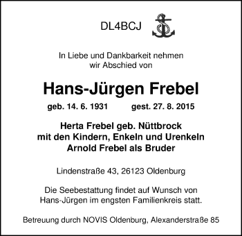 Traueranzeige von Hans- Jürgen Frebel von Nordwest-Zeitung