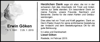 Traueranzeige von Erwin Göken von Nordwest-Zeitung