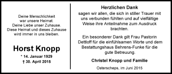 Traueranzeige von Horst Knopp von Nordwest-Zeitung