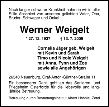 Traueranzeige von Werner Weigelt von Nordwest-Zeitung