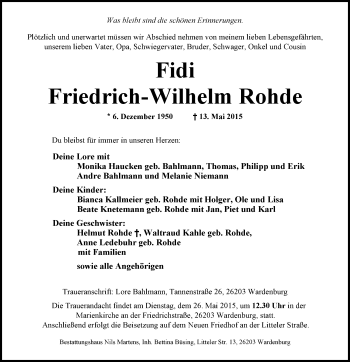 Traueranzeige von Friedrich-Wilhelm Rohde von Nordwest-Zeitung