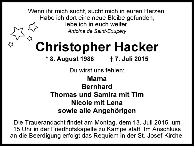  Traueranzeige für Christopher Hacker vom 10.07.2015 aus Nordwest-Zeitung
