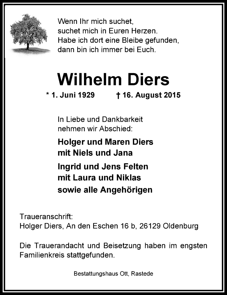  Traueranzeige für Wilhelm Diers vom 22.08.2015 aus Nordwest-Zeitung