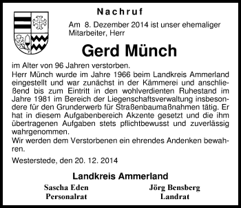 Traueranzeige von Gerd Münch von Nordwest-Zeitung