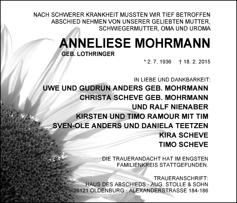  Traueranzeige für Anneliese Mohrmann vom 28.02.2015 aus Nordwest-Zeitung