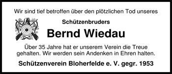 Traueranzeige von Bernd Wiedau von Nordwest-Zeitung