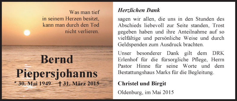  Traueranzeige für Bernd Piepersjohanns vom 15.05.2015 aus Nordwest-Zeitung
