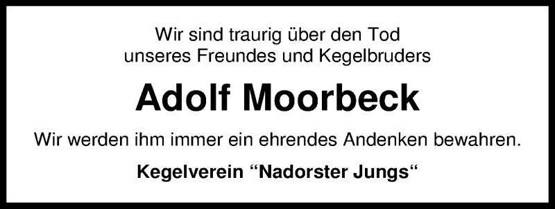  Traueranzeige für Adolf Moorbeck vom 04.06.2015 aus Nordwest-Zeitung