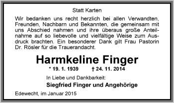 Traueranzeige von Harmkeline Finger von Nordwest-Zeitung