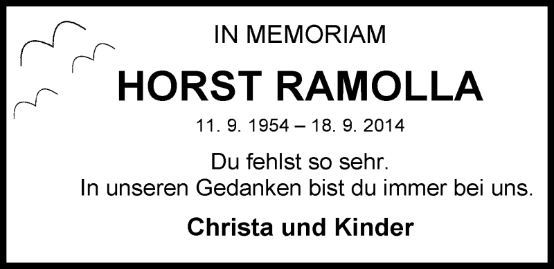  Traueranzeige für Horst Ramolla vom 18.09.2015 aus Nordwest-Zeitung