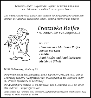 Traueranzeige von Franziska Rolfes von Nordwest-Zeitung