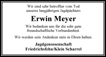 Traueranzeige von Erwin Meyer von Nordwest-Zeitung