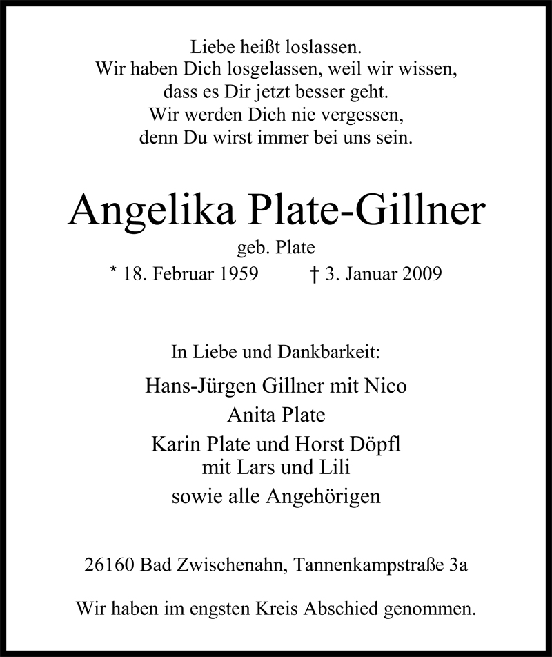  Traueranzeige für Angelika Plate-Gillner vom 09.01.2009 aus Nordwest-Zeitung