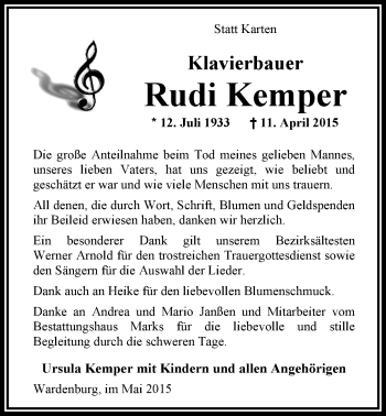 Traueranzeige von Rudi Kemper von Nordwest-Zeitung