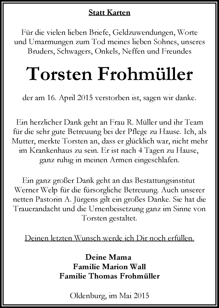  Traueranzeige für Torsten Frohmüller vom 16.05.2015 aus Nordwest-Zeitung