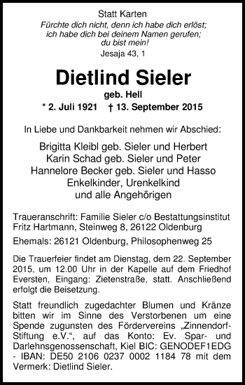 Traueranzeige von Dietlind Sieler von Nordwest-Zeitung