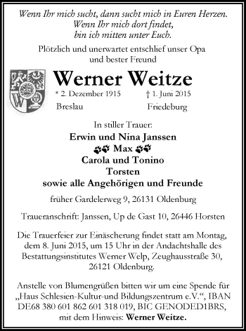 Traueranzeige von Werner Weitze von Nordwest-Zeitung