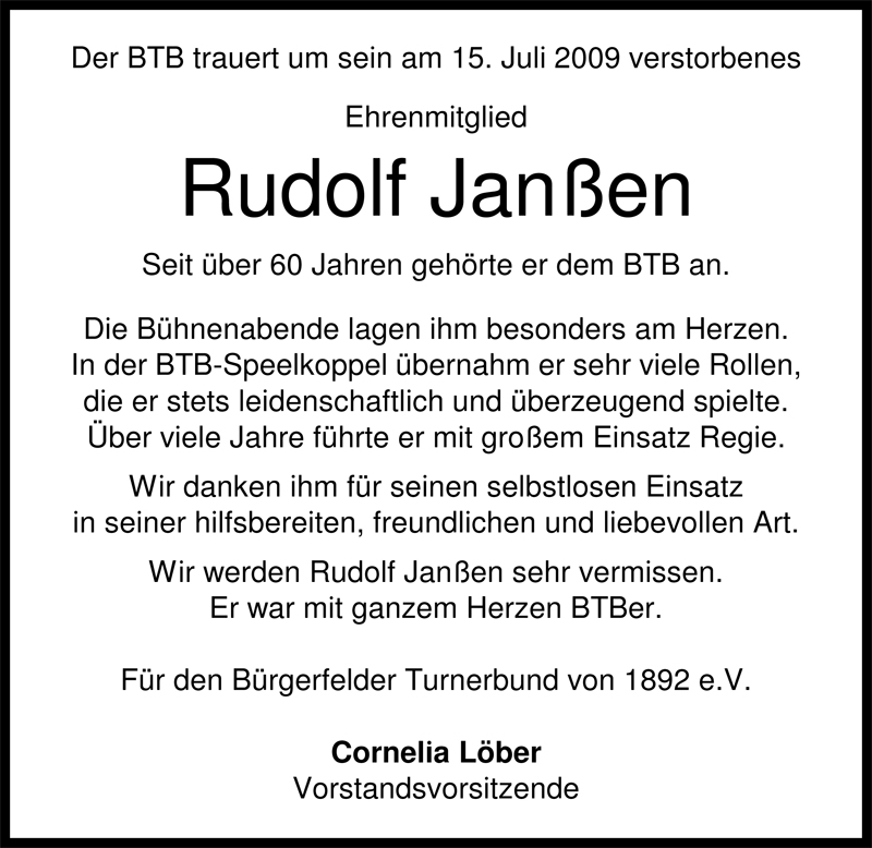  Traueranzeige für Rudolf Janßen vom 18.07.2009 aus Nordwest-Zeitung