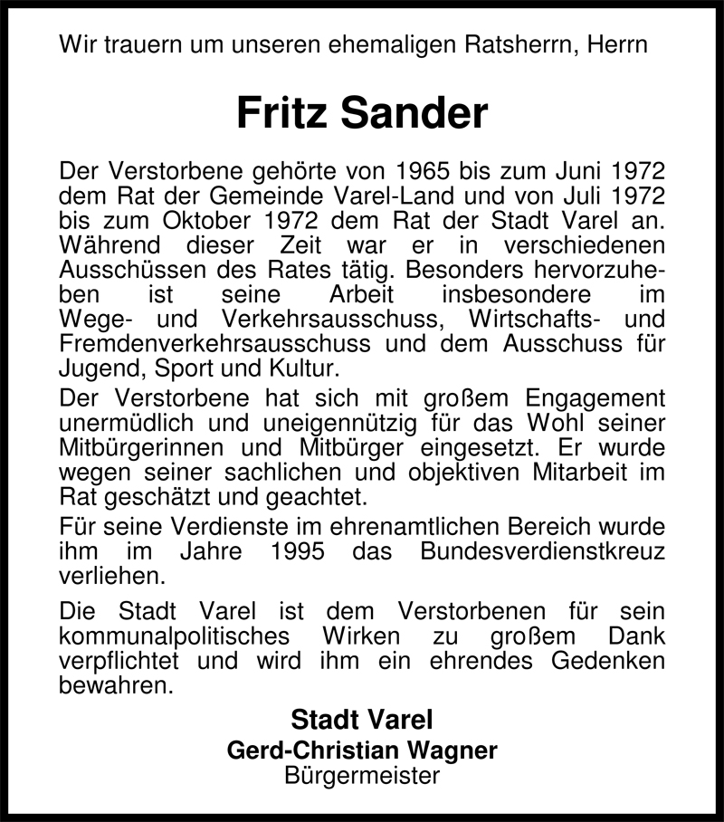  Traueranzeige für Fritz Sander vom 03.02.2009 aus Nordwest-Zeitung