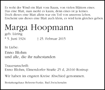 Traueranzeige von Marga Hoopmann von Nordwest-Zeitung