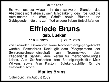 Traueranzeige von Elfriede Bruns von Nordwest-Zeitung