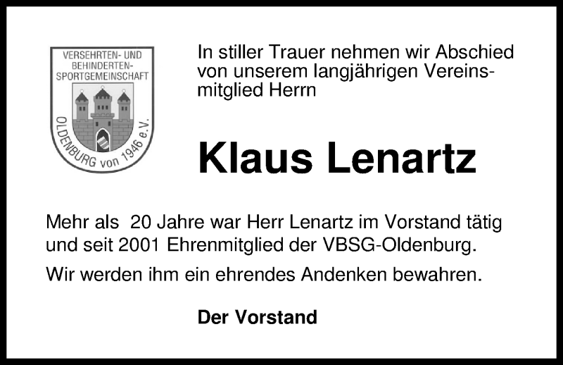  Traueranzeige für Klaus Lenartz vom 25.08.2015 aus Nordwest-Zeitung