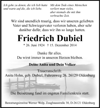 Traueranzeige von Friedrich Dubiel von Nordwest-Zeitung