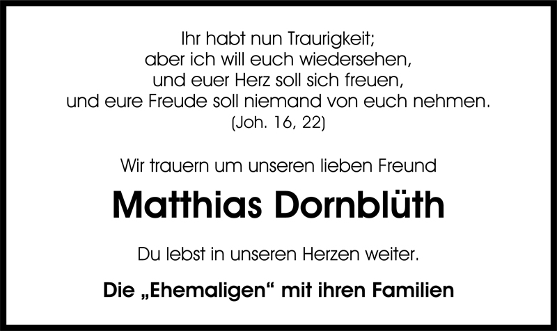  Traueranzeige für Matthias Dornblüth vom 31.08.2009 aus Nordwest-Zeitung