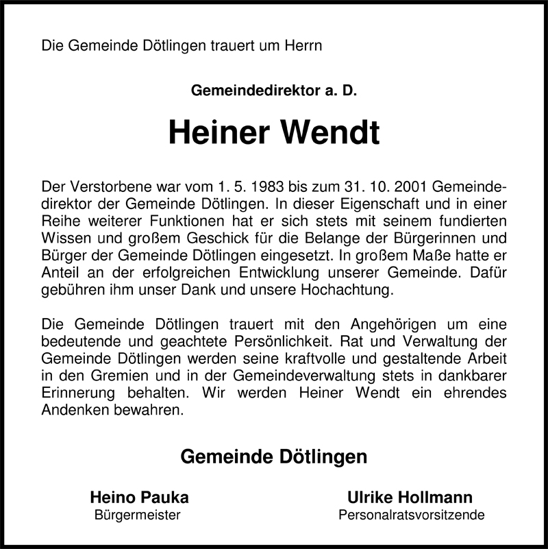  Traueranzeige für Heiner Wendt vom 25.05.2009 aus Nordwest-Zeitung