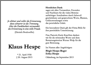 Traueranzeige von Klaus Hespe von Nordwest-Zeitung