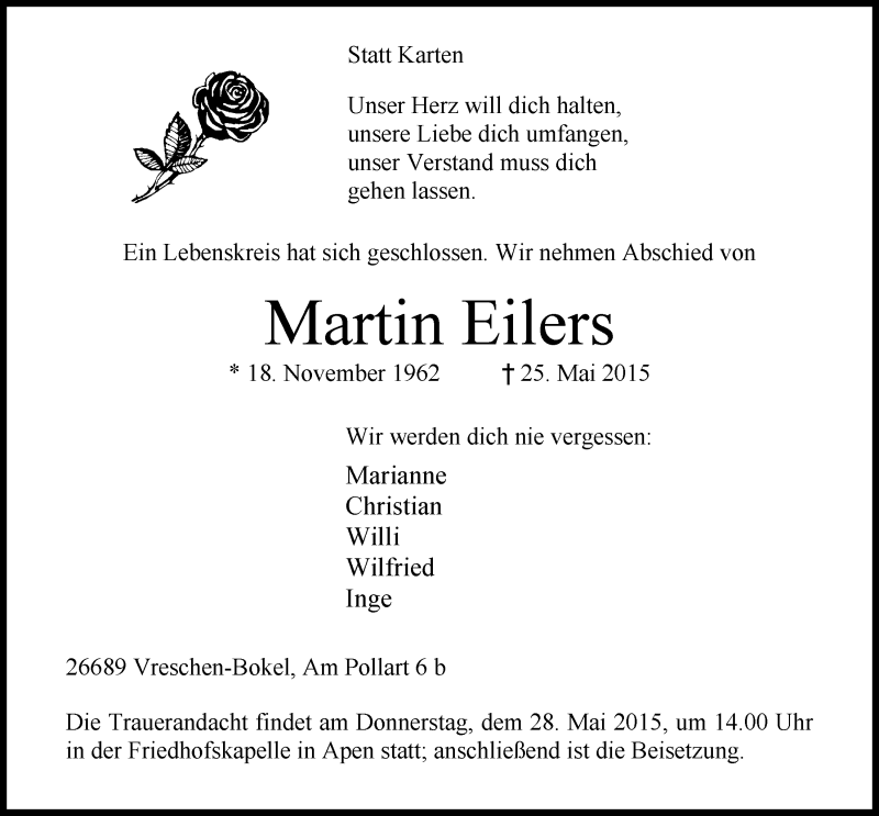  Traueranzeige für Martin Eilers vom 27.05.2015 aus Nordwest-Zeitung