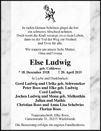 Traueranzeige von Else Ludwig von Nordwest-Zeitung