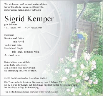 Traueranzeige von Sigrid Kemper von Nordwest-Zeitung