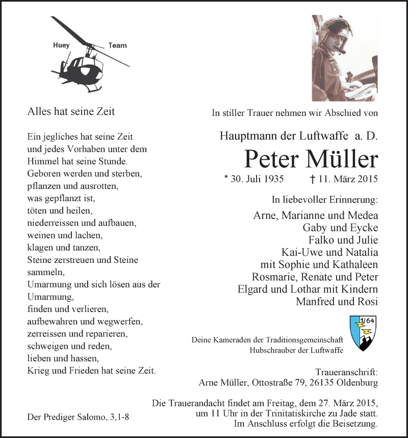  Traueranzeige für Peter Müller vom 24.03.2015 aus Nordwest-Zeitung