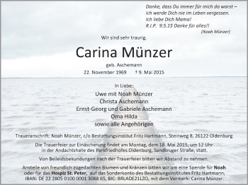 Traueranzeige von Carina Münzer von Nordwest-Zeitung