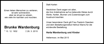 Traueranzeige von Brunke Wardenburg von Nordwest-Zeitung