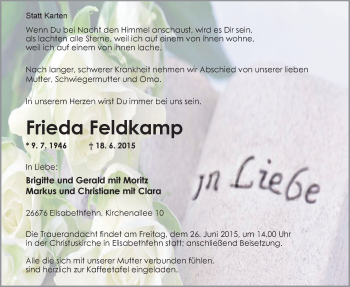 Traueranzeige von Frieda Feldkamp von Nordwest-Zeitung
